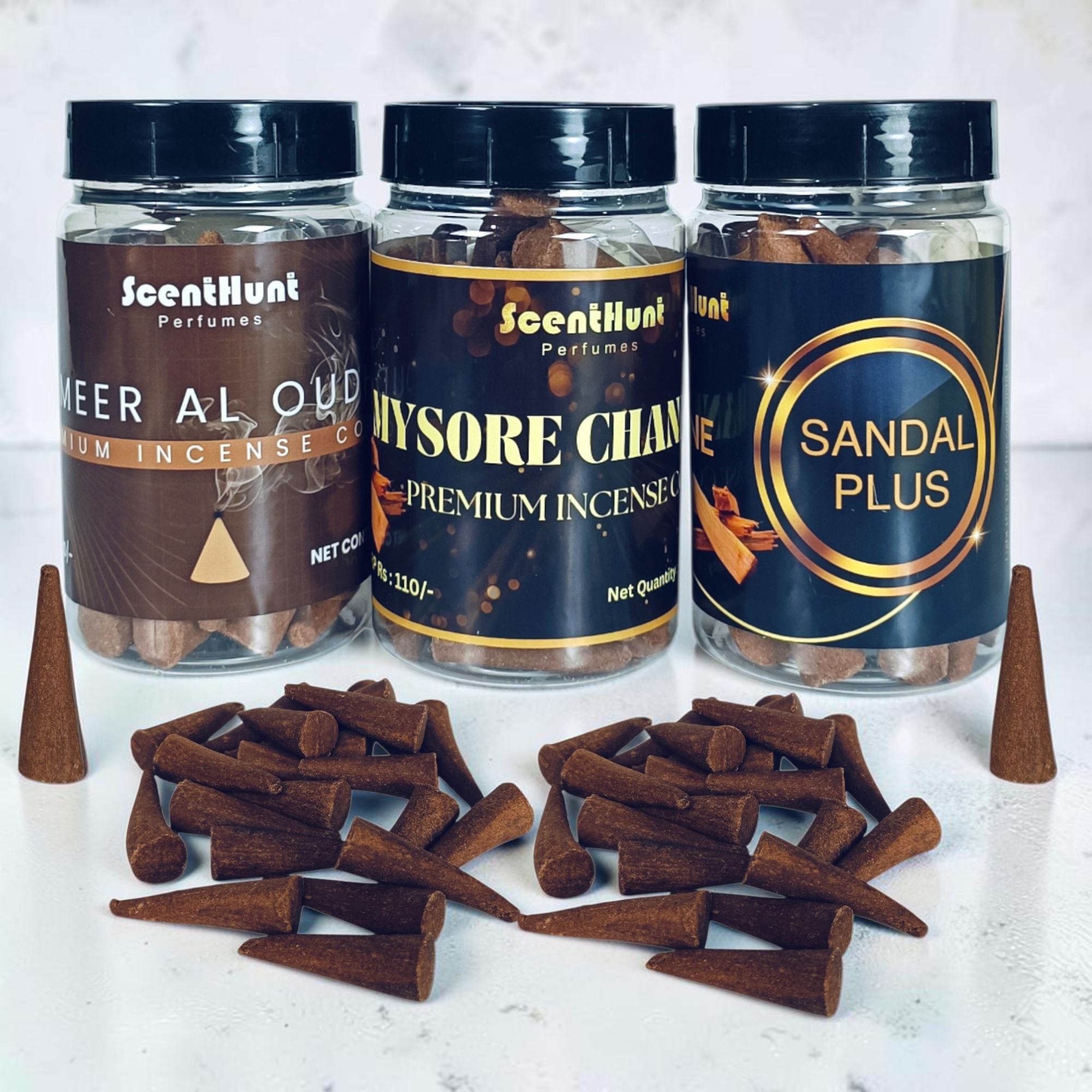 Mysore Chandan, Ameer Al Oudh & Sandal Plus Premium Incense Cones Combo 100g x 3 Pack