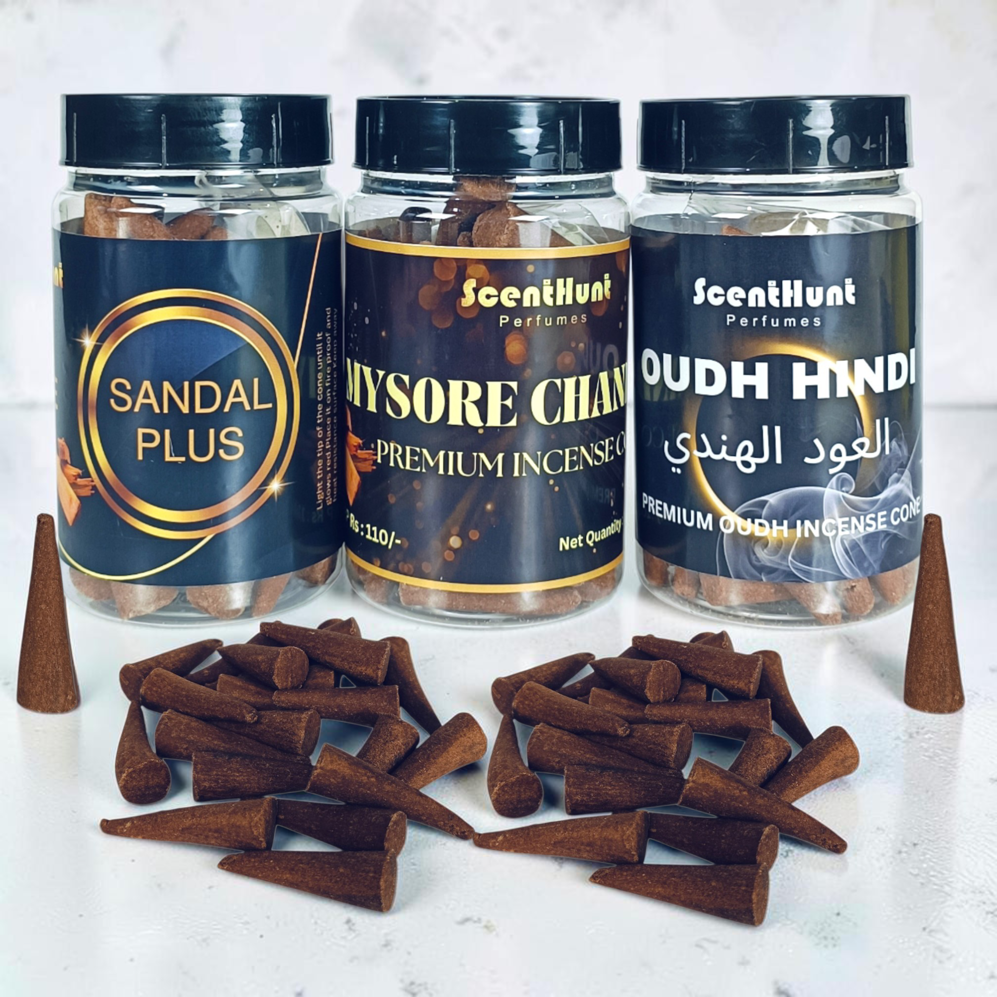 Oudh Hindi, Mysore Chandan & Sandal Plus Premium Incense Cones Combo 100g x 3 Pack